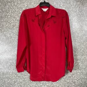 Susan Hutton Vintage 1980s Women's Red Floral Button Up Blouse - Size 10 - Retro